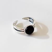 925 пробы Манжеты палец кольцо, с Черный агат, Круглая, регулируемый & Женский, размер:6, продается PC