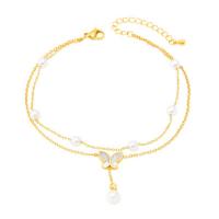 Titanium Steel Anklet, with White Shell & Plastic Pearl, titanium steel lobster clasp, plated, for woman, golden, 12mm, Length:26 cm, Sold By PC