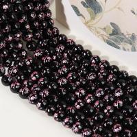 Perles Agates Noires naturelles, agate noire, Rond, impression, DIY, couleurs mélangées, Longueur Environ 38 cm, Vendu par PC