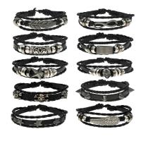 PU Leather Bracelet Set, with Wax Cord & Copper Coated Plastic & Tibetan Style, Round, plated, 10 pieces & Adjustable & fashion jewelry & Unisex, black, 170-180mm,80-90mm, Sold By Set