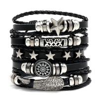 PU Leather Bracelet Set with Wax Cord & Copper Coated Plastic & Zinc Alloy Round silver color plated 5 pieces & Adjustable & fashion jewelry & Unisex black 170-180mm 80-90mm Sold By Set