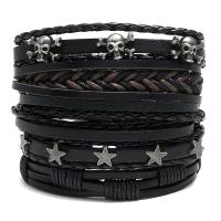 PU Leather Bracelet Set, with Cowhide & Wax Cord & Tibetan Style, Round, plated, 5 pieces & Adjustable & fashion jewelry & Unisex, black, 170-180mm,80-90mm, Sold By Set