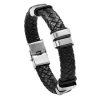 PU Leather Cord Bracelets, with 316L Stainless Steel, Round, silver color plated, fashion jewelry & Unisex, black, 225x14mm, Sold By PC