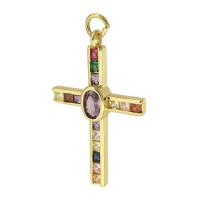 Cubic Zirconia Micro Pave Brass Pendant, Cross, gold color plated, micro pave cubic zirconia, multi-colored, 20x32x3.50mm, Hole:Approx 3mm, Sold By PC