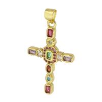 Cubic Zirconia Micro Pave Brass Pendant, Cross, gold color plated, micro pave cubic zirconia, multi-colored, 18x29.50x3mm, Hole:Approx 3mm, Sold By PC