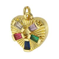 Cubic Zirconia Micro Pave Brass Pendant, Heart, gold color plated, micro pave cubic zirconia, multi-colored, 12x13x4mm, Hole:Approx 2mm, Sold By PC