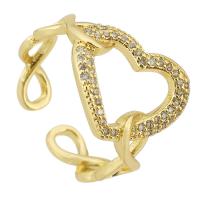 Brass Cuff Finger Ring, Heart, gold color plated, Adjustable & micro pave cubic zirconia & hollow, US Ring Size:6, Sold By PC