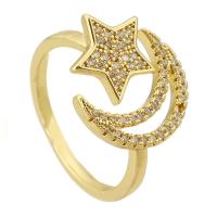 cobre Cuff Ring Finger, Lua e estrela, cromado de cor dourada, Ajustável & micro pavimento em zircônia cúbica & vazio, 19x25x3mm, tamanho:6, vendido por PC