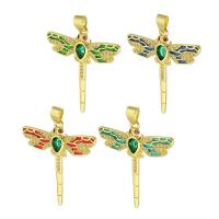 Cubic Zirconia Micro Pave Brass Pendant, Dragonfly, gold color plated, micro pave cubic zirconia & enamel, more colors for choice, 32x36x3mm, Hole:Approx 3mm, Sold By PC
