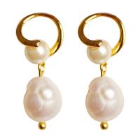 Freshwater Pearl Earrings, with Brass, 14K gold plated, Natural & for woman, white, 28x12mm, Sold By Pair