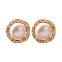 Freshwater Pearl Earrings with Brass gold color plated Natural & for woman & with rhinestone white Sold By Pair