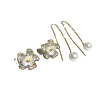Brass Thread Through Earrings with White Shell & Plastic Pearl Flower gold color plated micro pave cubic zirconia & for woman Sold By Pair