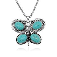 Tibetan Style Sweater Chain Necklace, with Natural Turquoise, Butterfly, silver color plated, fashion jewelry & lantern chain & for woman, green, nickel, lead & cadmium free, 59x48mm, Sold Per 60 cm Strand