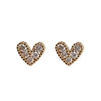 Tibetan Style Stud Earring, Heart, gold color plated, fashion jewelry & micro pave cubic zirconia & for woman, nickel, lead & cadmium free, 10x8mm, Sold By Pair