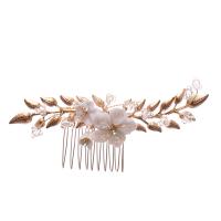 Decorative Hair Combs, Tibetan Style, with Polymer Clay & Crystal, Flower, gold color plated, for woman & with rhinestone, golden, nickel, lead & cadmium free, 125x55mm, Sold By PC
