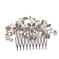 Dekoratives Haarkämmchen, Zinklegierung, mit Strass & Kunststoff Perlen, silberfarben plattiert, für Frau, Silberfarbe, frei von Nickel, Blei & Kadmium, 85x55mm, verkauft von PC