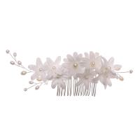 Dekoratives Haarkämmchen, Stoff, mit Kunststoff Perlen & Zinklegierung, Blume, silberfarben plattiert, für Frau, weiß, 185x65mm, verkauft von PC