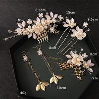 Zinc Alloy Jewelry Sets hair comb & hair stick & earring with Polymer Clay & Plastic Pearl Flower gold color plated 4 pieces & for woman & with rhinestone golden nickel lead & cadmium free Sold By Set