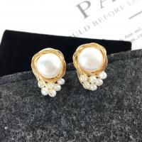 Freshwater Pearl Stud Earring with Brass gold color plated for woman white Sold By Pair