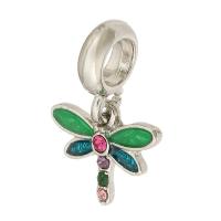 European Style Zinc Alloy Dangle Beads Dragonfly silver color plated DIY & enamel & with rhinestone silver color nickel lead & cadmium free Approx 5mm Sold By PC
