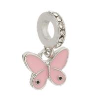 European Style Tibetan Style Dangle Beads, Butterfly, silver color plated, DIY & enamel & with rhinestone, pink, nickel, lead & cadmium free, 22x13x2mm, Hole:Approx 5mm, Sold By PC