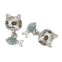 European Style Zinc Alloy Dangle Beads Cat and Fish silver color plated DIY & enamel & with rhinestone mixed colors nickel lead & cadmium free Approx 5mm Sold By PC