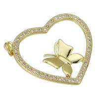 Cubic Zirconia Micro Pave Brass Pendant, Heart, gold color plated, with butterfly pattern & micro pave cubic zirconia & hollow, 29x25x2mm, Hole:Approx 4mm, Sold By PC