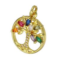 Cubic Zirconia Micro Pave Brass Pendant gold color plated tree of life design & micro pave cubic zirconia & hollow multi-colored Approx 2mm Sold By PC