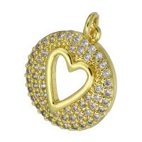 Cubic Zirconia Micro Pave Brass Pendant, Flat Round, gold color plated, with heart pattern & micro pave cubic zirconia & hollow, 15x18x3mm, Hole:Approx 2mm, Sold By PC