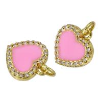 Brass Heart Pendants, gold color plated, micro pave cubic zirconia & enamel, pink, 11x12x2mm, Hole:Approx 2mm, Sold By PC