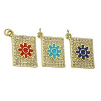Cubic Zirconia Micro Pave Brass Pendant, Rectangle, gold color plated, with flower pattern & micro pave cubic zirconia & enamel, more colors for choice, 15x18x3mm, Hole:Approx 1mm, Sold By PC