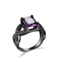 Cubic Zircon Brass Finger Ring, with Cubic Zirconia, Square, gun black plated, different size for choice & for woman & faceted, purple, nickel, lead & cadmium free, 10mm, Sold By PC