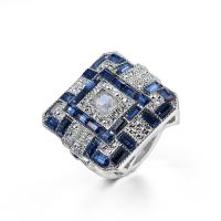 Cubic Zircon Brass Finger Ring with Cubic Zirconia Square platinum color plated & for woman & faceted blue nickel lead & cadmium free 25-27mm Sold By PC