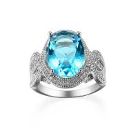 Cubic Zircon Brass Finger Ring with Cubic Zirconia Oval platinum color plated & for woman & faceted sea blue nickel lead & cadmium free 7mm Sold By PC