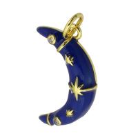 Cubic Zirconia Micro Pave Brass Pendant, Moon, gold color plated, micro pave cubic zirconia & enamel, blue, nickel, lead & cadmium free, 12x20x4mm, Hole:Approx 3mm, Sold By PC