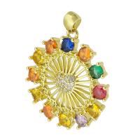 Cubic Zirconia Micro Pave Brass Pendant, Round, gold color plated, micro pave cubic zirconia, mixed colors, nickel, lead & cadmium free, 20x22x3mm, Hole:Approx 2mm, Sold By PC