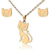 Fashion Stainless Steel Jewelry Sets, Stud Earring & necklace, 304 Stainless Steel, Cat, 2 pieces & fashion jewelry & for woman, golden, 26*13mm,9*8mm, Length:Approx 17.72 Inch, Sold By Set