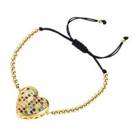 Cubic Zirconia Micro Pave Brass Bracelet with Polyester Cord Heart gold color plated Adjustable & fashion jewelry & micro pave cubic zirconia & for woman golden nickel lead & cadmium free Length 15-30 cm Sold By PC