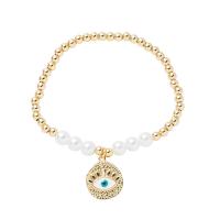Bracelet Evil Eye bijoux, laiton, avec perle de plastique, Rond, Placage de couleur d'or, bijoux de mode & pour femme & émail, doré, protéger l'environnement, sans nickel, plomb et cadmium, Longueur:19 cm, Vendu par PC