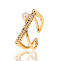 Brass Cuff Finger Ring, with Plastic Pearl, gold color plated, Adjustable & micro pave cubic zirconia & for woman, 24mm, Sold By PC