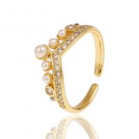 Kubisk Circonia Micro bane messing Ring, med Plastic Pearl, Crown, guldfarve belagt, Justerbar & Micro Pave cubic zirconia & for kvinde, 21mm, Solgt af PC
