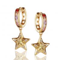 Huggie Hoop Drop Earring Brass Star gold color plated micro pave cubic zirconia & for woman Sold By Pair