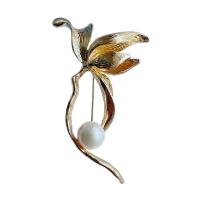 Freshwater Pearl Brooch, Tibetan Style, with Freshwater Pearl, Lotus, gold color plated, Unisex, nickel, lead & cadmium free, 65x37mm, 10PCs/Lot, Sold By Lot