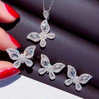 Rhinestone Jewelry Sets Stud Earring & finger ring & necklace Brass Butterfly platinum color plated for woman & with rhinestone nickel lead & cadmium free US Ring Length Approx 17.7 Inch Sold By Set