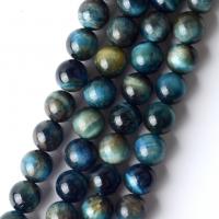 Perles oeil de tigre, Rond, DIY, bleu, Vendu par 37-39 cm brin