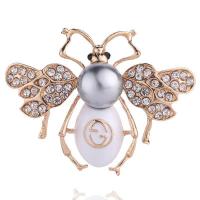Tibetan Style Brooches, with Plastic Pearl, Bee, plated, for woman & with rhinestone, Champagne, nickel, lead & cadmium free, 38x49mm, Sold By PC