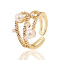 Cubique anneau en laiton Circonia Micro Pave, avec perle de plastique, Placage de couleur d'or, Réglable & pavé de micro zircon & pour femme, 21mm, Vendu par PC
