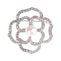 Rhinestone Brooch, Tibetan Style, with Plastic Pearl, Flower, platinum color plated, for woman & with rhinestone & hollow, nickel, lead & cadmium free, 40x40mm, 10PCs/Lot, Sold By Lot