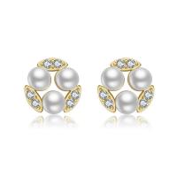 Brass Stud Earring, with Plastic Pearl, Geometrical Pattern, plated, micro pave cubic zirconia & for woman, more colors for choice, nickel, lead & cadmium free, 12x12mm, Sold By Pair