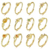 Cubique anneau en laiton Circonia Micro Pave, fleur, Placage de couleur d'or, styles différents pour le choix & pavé de micro zircon & pour femme, protéger l'environnement, sans nickel, plomb et cadmium, Taille:6-8, Vendu par PC